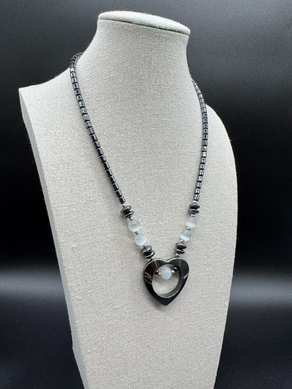 Black Hematite Beaded Necklace White Glass Beads Heart Pendant